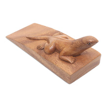 Load image into Gallery viewer, Hand Carved Suar Wood Lizard Door Stopper in Brown from Bali - Handy Gecko in Brown | NOVICA