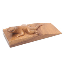 Load image into Gallery viewer, Hand Carved Suar Wood Lizard Door Stopper in Brown from Bali - Handy Gecko in Brown | NOVICA