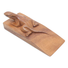 Load image into Gallery viewer, Hand Carved Suar Wood Lizard Door Stopper in Brown from Bali - Handy Gecko in Brown | NOVICA