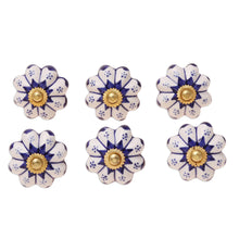Load image into Gallery viewer, Six Ceramic Floral Knobs in Blue and White from India - Lapis Flowers | NOVICA