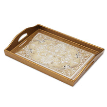 Load image into Gallery viewer, Reverse Painted Glass Tray in Gold from Peru - Floral Marvel in Gold | NOVICA