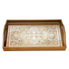 Load image into Gallery viewer, Reverse Painted Glass Tray in Gold from Peru - Floral Marvel in Gold | NOVICA