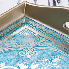 Load image into Gallery viewer, Reverse Painted Glass Tray in Blue and Silver from Peru - Floral Marvel in Silver | NOVICA