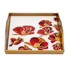 Load image into Gallery viewer, Reverse Painted Glass Tray with Poppy Motifs from Peru - Gleaming Poppies in White | NOVICA