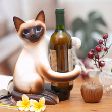Load image into Gallery viewer, Handcrafted Wood Siamese Cat Wine Holder from Bali - Siamese Cat Hug | NOVICA
