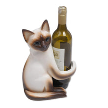 Load image into Gallery viewer, Handcrafted Wood Siamese Cat Wine Holder from Bali - Siamese Cat Hug | NOVICA