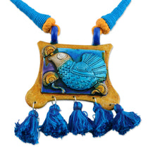 Load image into Gallery viewer, Ceramic and Cotton Bird Pendant Necklace in Blue from India - Majestic Kingfisher | NOVICA