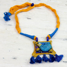 Load image into Gallery viewer, Ceramic and Cotton Bird Pendant Necklace in Blue from India - Majestic Kingfisher | NOVICA