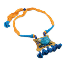 Load image into Gallery viewer, Ceramic and Cotton Bird Pendant Necklace in Blue from India - Majestic Kingfisher | NOVICA