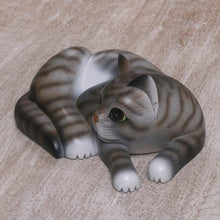 Load image into Gallery viewer, Painted Suar Wood Sculpture of a Lounging Cat from Bali - Adorable Grey Cat | NOVICA