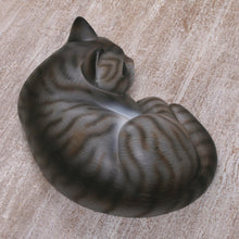 Load image into Gallery viewer, Painted Suar Wood Sculpture of a Lounging Cat from Bali - Adorable Grey Cat | NOVICA