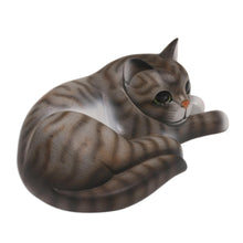 Load image into Gallery viewer, Painted Suar Wood Sculpture of a Lounging Cat from Bali - Adorable Grey Cat | NOVICA