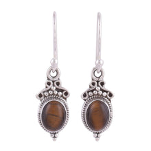 Load image into Gallery viewer, Tiger's Eye and Sterling Silver Dangle Earrings from India - Sleek Charm | NOVICA
