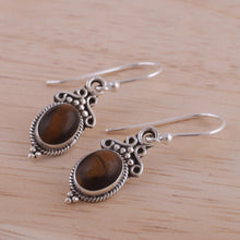 Load image into Gallery viewer, Tiger's Eye and Sterling Silver Dangle Earrings from India - Sleek Charm | NOVICA