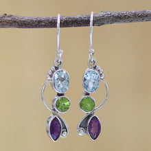 Load image into Gallery viewer, Blue Topaz Peridot Amethyst Sterling Silver Dangle Earrings - Shimmering Alliance | NOVICA