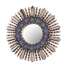 Load image into Gallery viewer, Floral Reverse Painted Glass and Wood Wall Mirror - Cuzco Blue | NOVICA