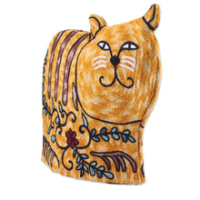 Load image into Gallery viewer, Cat-Shaped Embroidered Wool Tea Cozy in Yellow from India - Delightful Cat in Yellow | NOVICA