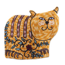 Load image into Gallery viewer, Cat-Shaped Embroidered Wool Tea Cozy in Yellow from India - Delightful Cat in Yellow | NOVICA