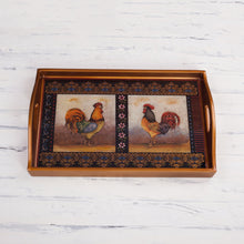 Load image into Gallery viewer, Rooster-Themed Reverse Painted Glass Tray - Crowing Roosters | NOVICA