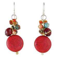 Load image into Gallery viewer, Red Calcite and Glass Bead Dangle Earrings from Thailand - Red Circles | NOVICA