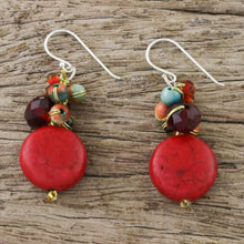 Load image into Gallery viewer, Red Calcite and Glass Bead Dangle Earrings from Thailand - Red Circles | NOVICA