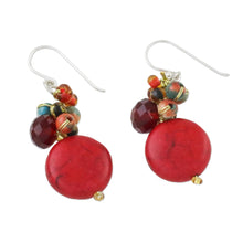 Load image into Gallery viewer, Red Calcite and Glass Bead Dangle Earrings from Thailand - Red Circles | NOVICA