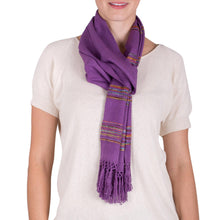 Load image into Gallery viewer, Purple Rayon Backstrap Loom Handwoven Scarf - Mystic Maya Orchids | NOVICA