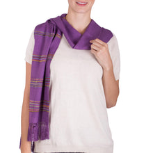 Load image into Gallery viewer, Purple Rayon Backstrap Loom Handwoven Scarf - Mystic Maya Orchids | NOVICA