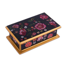 Load image into Gallery viewer, Reverse-Painted Glass Decorative Box in Black from Peru - Colonial Bouquet | NOVICA