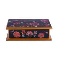 Load image into Gallery viewer, Reverse-Painted Glass Decorative Box in Black from Peru - Colonial Bouquet | NOVICA