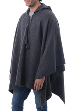 Load image into Gallery viewer, Graphite Grey Alpaca Blend Hooded Poncho for Men - Highlands Grey | NOVICA