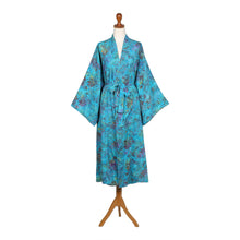 Load image into Gallery viewer, Turquoise Batik Long Sleeved Rayon Robe with Belt - Ocean Eden | NOVICA