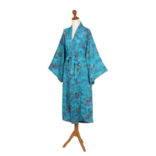 Load image into Gallery viewer, Turquoise Batik Long Sleeved Rayon Robe with Belt - Ocean Eden | NOVICA