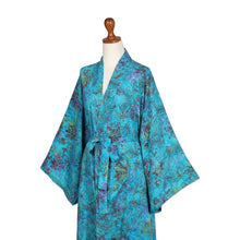 Load image into Gallery viewer, Turquoise Batik Long Sleeved Rayon Robe with Belt - Ocean Eden | NOVICA