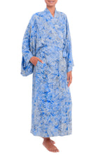 Load image into Gallery viewer, Green and Blue Batik Print Long Sleeved Rayon Robe with Belt - Ubud Grove | NOVICA