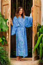 Load image into Gallery viewer, Green and Blue Batik Print Long Sleeved Rayon Robe with Belt - Ubud Grove | NOVICA