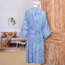 Load image into Gallery viewer, Green and Blue Batik Print Long Sleeved Rayon Robe with Belt - Ubud Grove | NOVICA