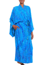 Load image into Gallery viewer, Blue and Green Batik Print Long Sleeved Rayon Robe with Belt - Floral Breeze | NOVICA