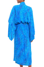 Load image into Gallery viewer, Blue and Green Batik Print Long Sleeved Rayon Robe with Belt - Floral Breeze | NOVICA