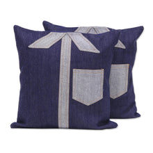 Load image into Gallery viewer, Two Patchwork Shirt Motif Denim Cushion Covers from India - Denim Shirts | NOVICA