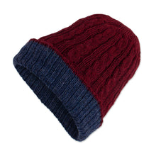 Load image into Gallery viewer, Cranberry and Blue 100% Alpaca Reversible Knit Hat from Peru - Warm and Snug | NOVICA