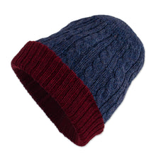 Load image into Gallery viewer, Cranberry and Blue 100% Alpaca Reversible Knit Hat from Peru - Warm and Snug | NOVICA