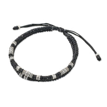 Load image into Gallery viewer, Thai Hill Tribe Style Unisex Silver Beaded Cord Bracelet - Double Luck in Black | NOVICA