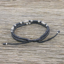 Load image into Gallery viewer, Thai Hill Tribe Style Unisex Silver Beaded Cord Bracelet - Double Luck in Black | NOVICA