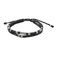 Load image into Gallery viewer, Thai Hill Tribe Style Unisex Silver Beaded Cord Bracelet - Double Luck in Black | NOVICA