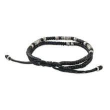 Load image into Gallery viewer, Thai Hill Tribe Style Unisex Silver Beaded Cord Bracelet - Double Luck in Black | NOVICA