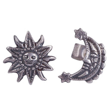 Load image into Gallery viewer, Sterling Silver Sun and Moon Stud Earrings from Peru - Stellar Royalty | NOVICA