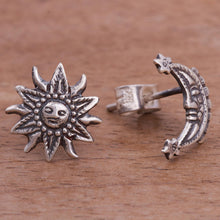 Load image into Gallery viewer, Sterling Silver Sun and Moon Stud Earrings from Peru - Stellar Royalty | NOVICA