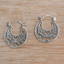 Load image into Gallery viewer, Sterling Silver Hoop Earrings Handcrafted in Bali - Moonlight Descent | NOVICA