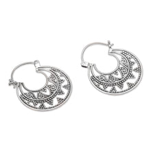 Load image into Gallery viewer, Sterling Silver Hoop Earrings Handcrafted in Bali - Moonlight Descent | NOVICA